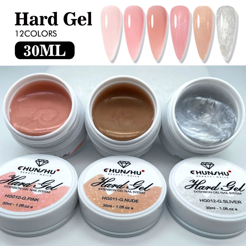 CHUNSHU-Gel de extensión de constructor rosa brillante, Gel duro de 30ML para uñas, Gel constructor de refuerzo autonivelante con purpurina plateada