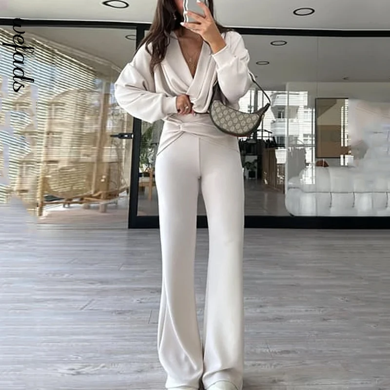 

Wefads Autumn Women Two Piece Set Casual Solid Long Sleeve V Neck High Waist Hooded Pullover Top Irregular Loose Pants Sets