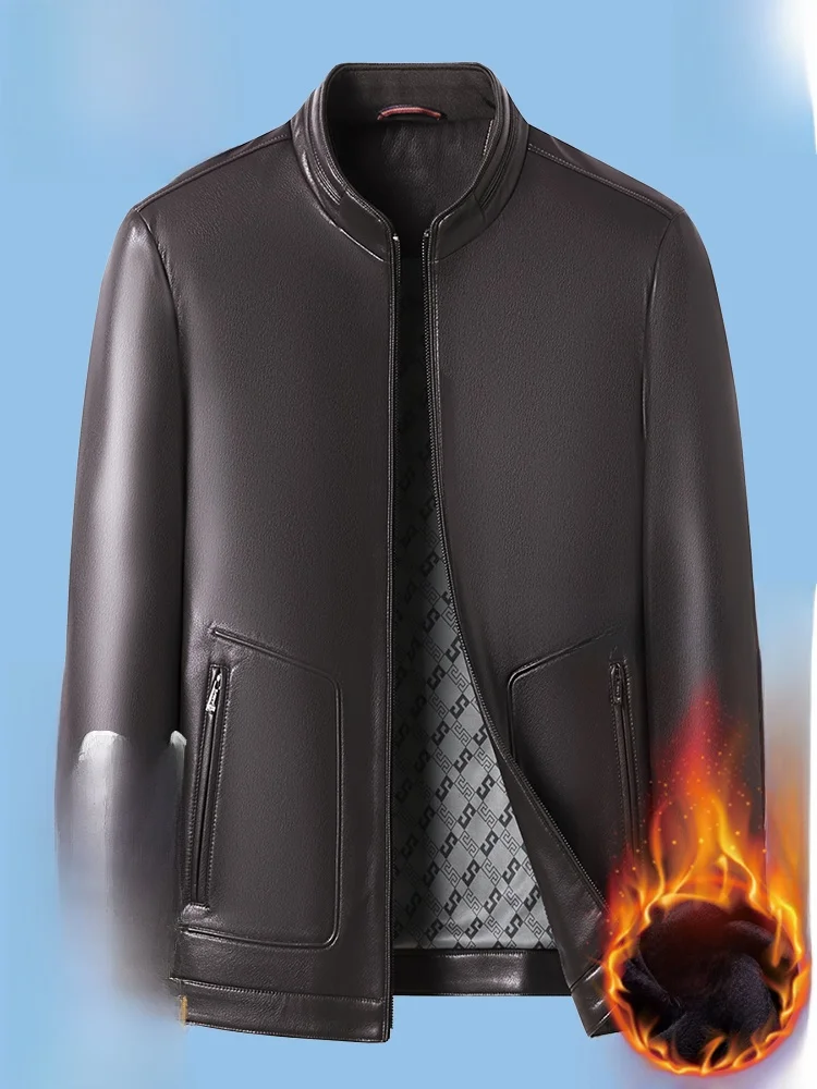 

Pierre Cardin Men's Casual Leather Jaet Warmth eepskin Stand Collar Busin Leisure Fce Lined Autumn Spring Coat