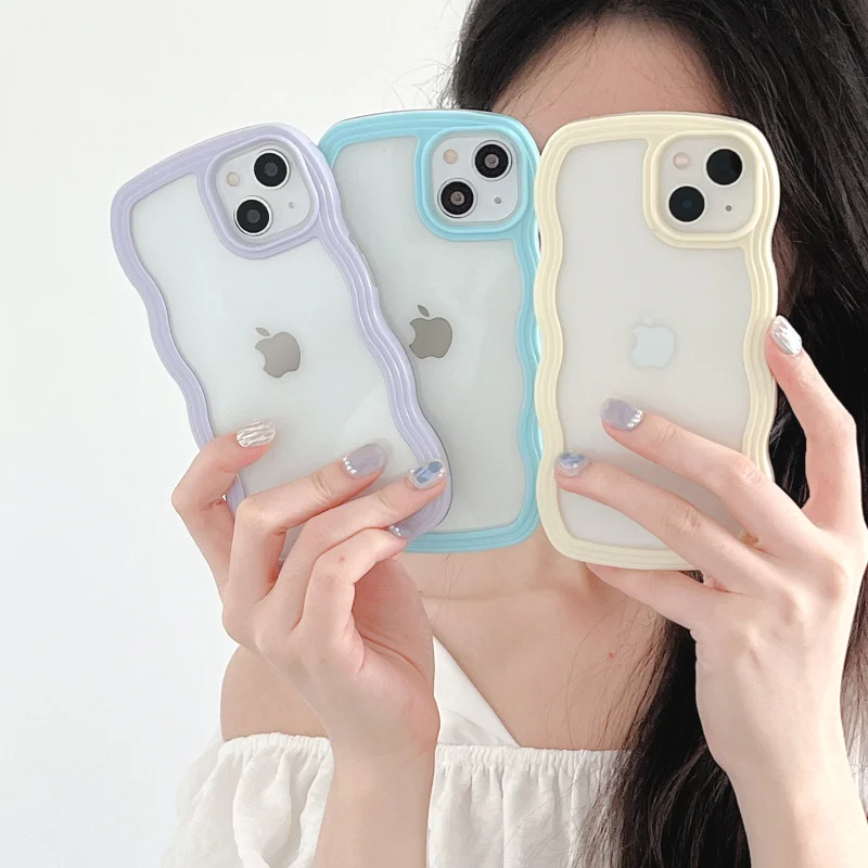 Fashion Chic Wavy Transparent Phone Case For Iphone 11 12 13 14 15 Pro Max X XR XS Shockproof Bumper Pink Blue Purple Cover