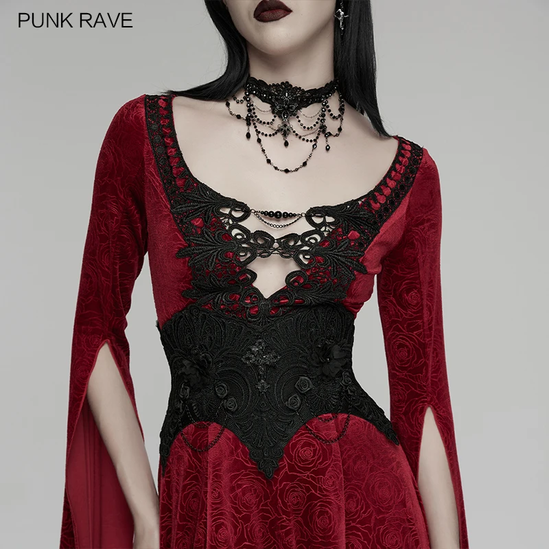 PUNK RAVE Women's Gothic Mesh Sharp Corner Exquisite Embroidery Patterns Corset Decorating Cross Flowers Cummerbunds