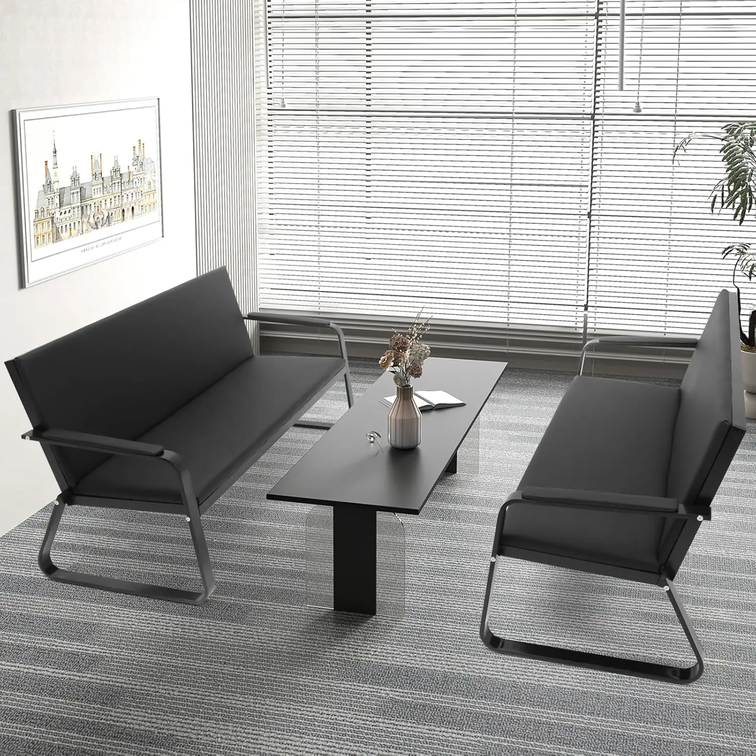 Waiting Room Guest Bench With Padded Arms, Pu Leather Office Furniture, Lobby Conference Reception Bench, Office Guest Seating