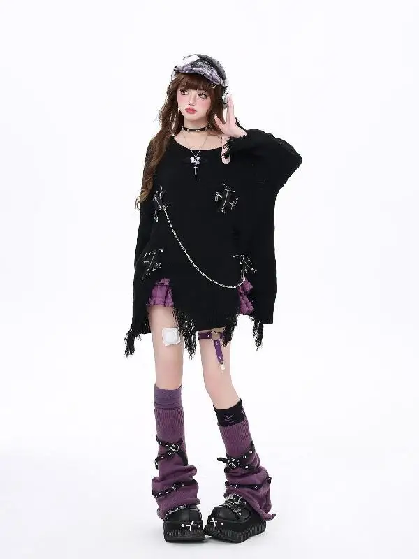 Ruibbit Harajuku Gothic Hole Cross Zipper Long Sleeve Women Punk Style O-Neck Loose Vintage Black Knitted Pullovers Sweater