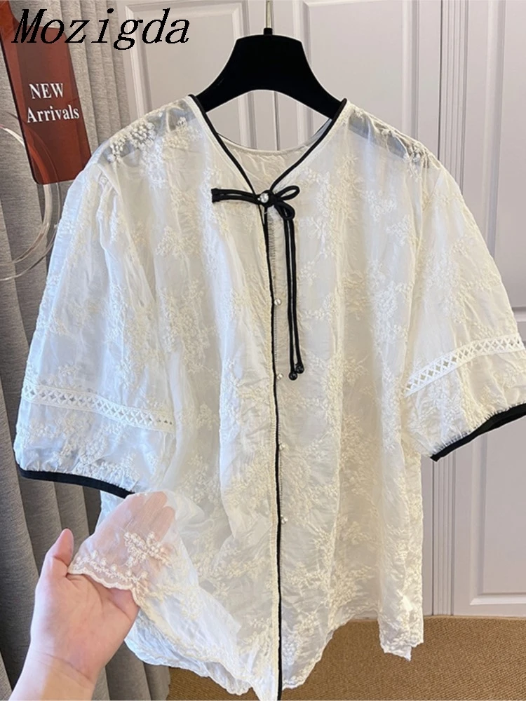 

Summer New Chinese Doll Blouse Women Romantic French Crochet Embroidery Short Sleeve Ladies Tops Blouses