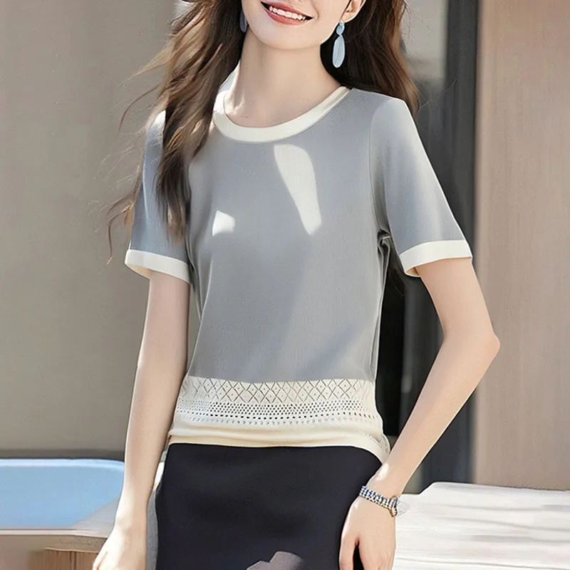 

Свитера, новый вязаный свитер с коротким рукавом и круглым вырезом, женские пуловеры, лоскутный вязаный свитер, пуловер, женские топы, женская одежда Q2476