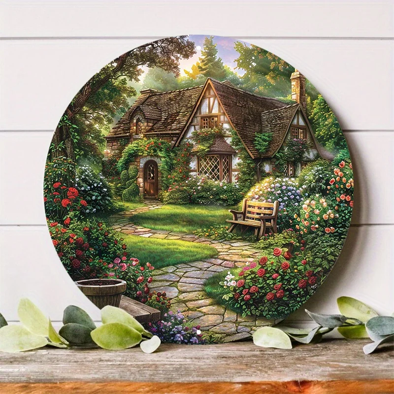 1pc of 2D Flat Printed Metal Sign Measuring, Metal Sign Depicting a Delightful Farmhouse Garden with Blooming Flowers.