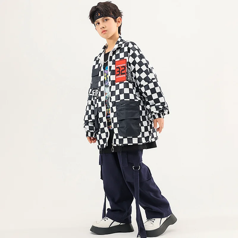 Kid Hip Hop Clothing Black White Checkered Jacket Navy Blue Casual Street Belt Cargo Pants for Girl Boy Dance Costume Clothes