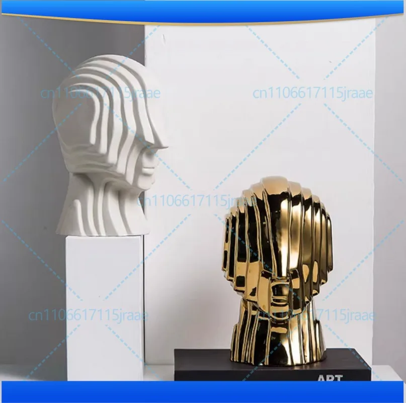 Abstract figure sculpture Ceramic geometric head fringe Golden man alien decorative figurines home decoration accessories
