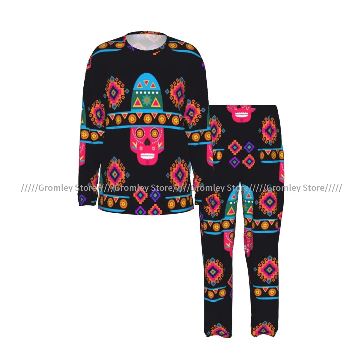 Mexican Sugar Skulls Colorful Flowers Men's Pajama Set Long Sleeve T-Shirt and Long Pants Sleepwear Male Nightwear Home Suit