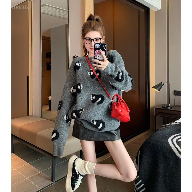 Korean Sueter Mujer Cute Panda Pullovers For Women Fall Winter Clothing O-neck Casual Pull Femme Knitting Oversized Sweater Tops