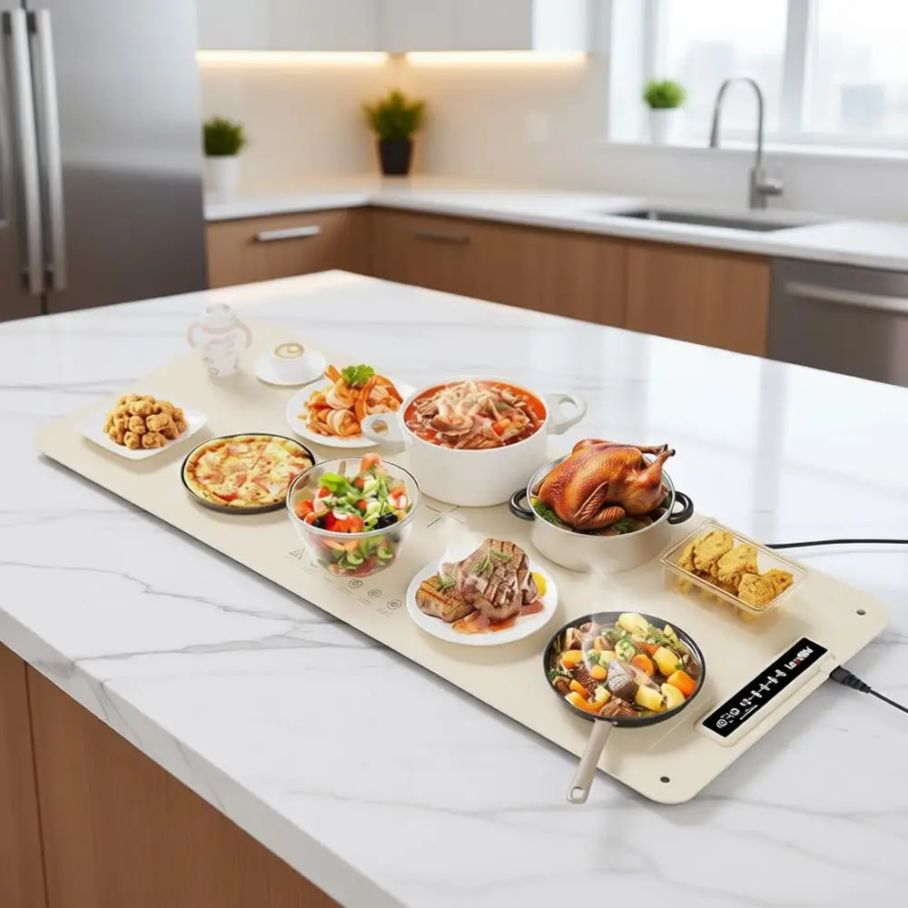 XXL Electric Warming Mat - 36x16 Full Surface Heat Pad with 4 Temperature Settings for Buffet Parties and Gatherings, Beige