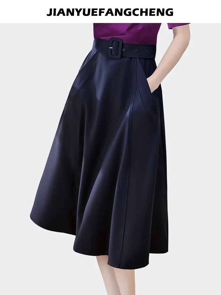 Fashion Belt-up Women' Blue A-line Pleated Skirt High Waist Flowy Female Loose Midi Skirts With Pockets Ladies Summer Bottoms