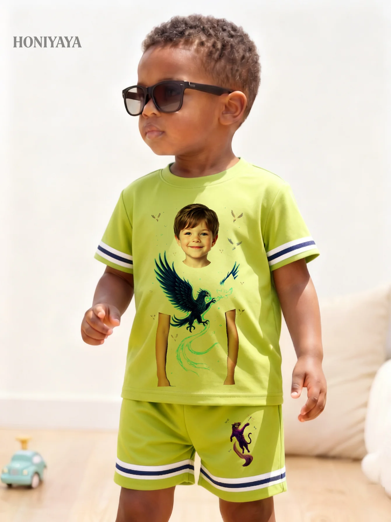 

2 Pcs Baby Boy Clothes Summer Adventure Set With Eagle And Dragon Print Happy Child Outdoor Play Fun Active Kids Wear Bright Gre