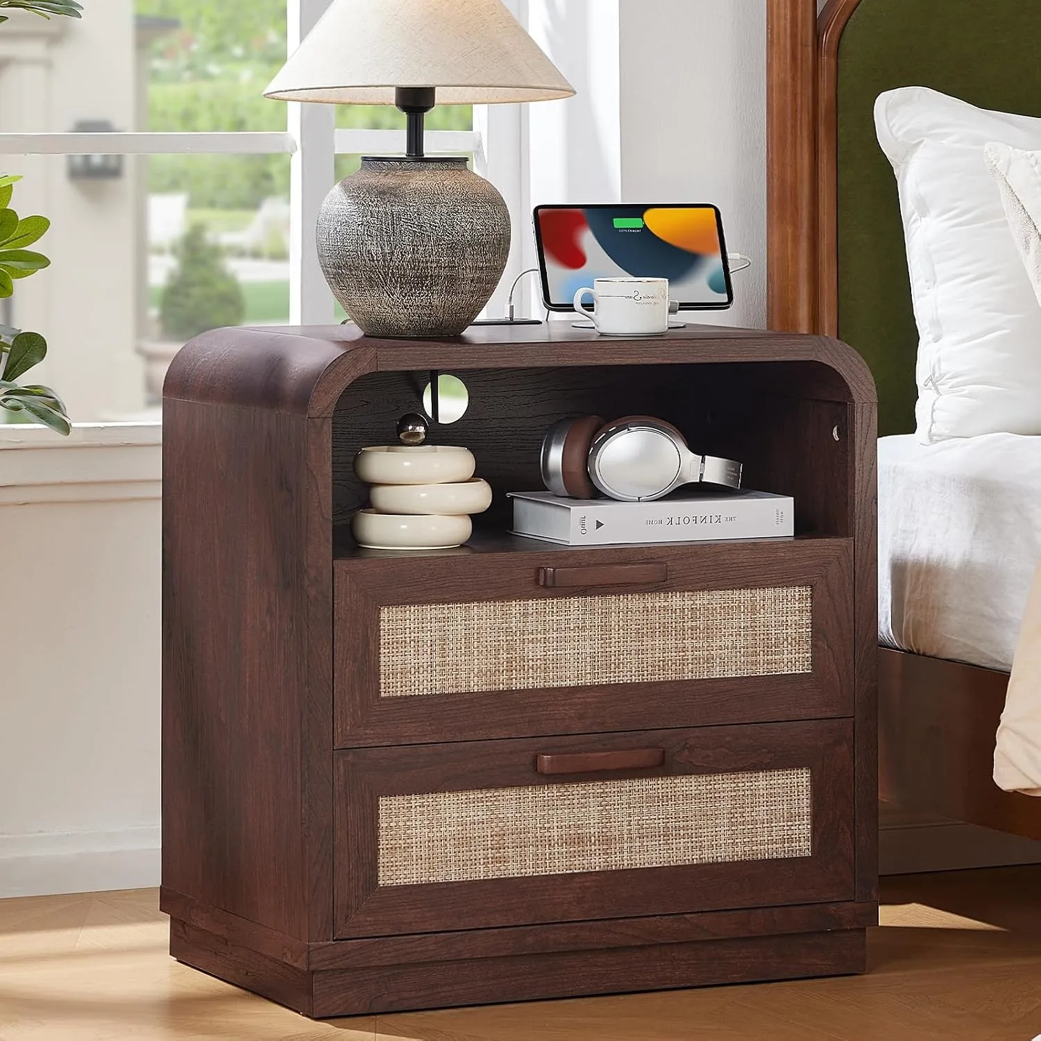 Rattan Night Stand with Charging Station,23.6