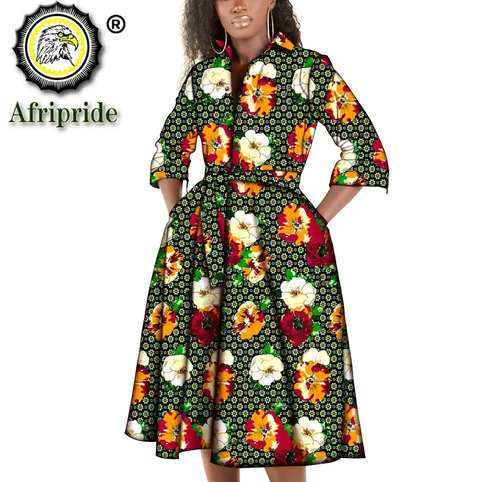 Afrikaanse Print Jurken Voor Vrouwen Midi Jurk Met Riem Plus Size Kleding Afrikaanse Kleding Zakken Wax Katoen Bazin Riche S2025068