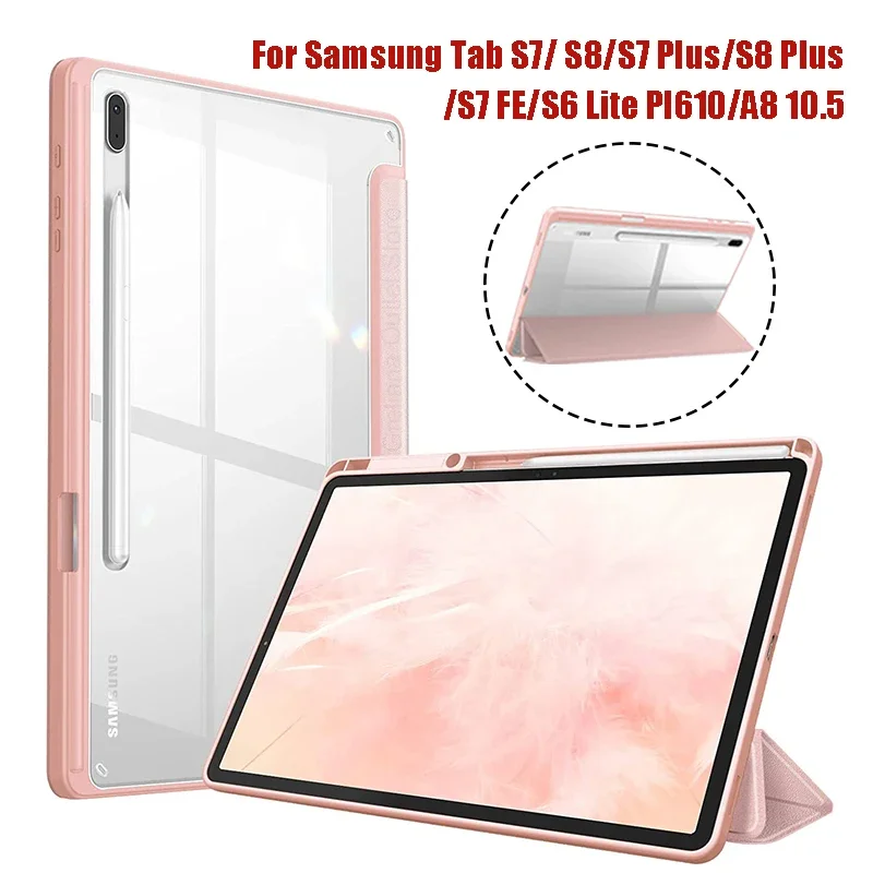 

For Samsung Galaxy Tab S9 S8 S7 Plus FE 12.4 inch Case Transparent Back Tablet Cover For Tab S7 S8 11" 2020 Pencil Holder Cases