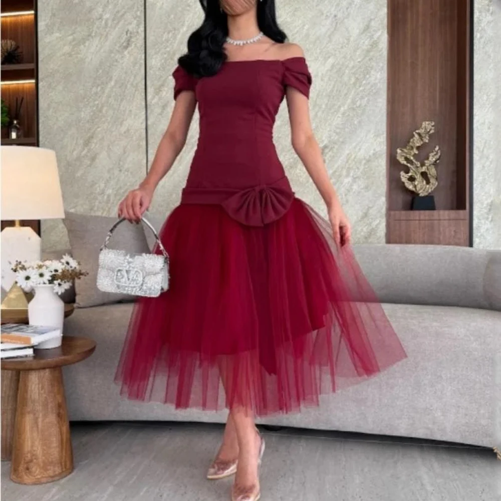 

Simple Burgundy Tea Length Prom Dress Off the Shoulder Short Sleeve Jersey and Tulle A-Line with Bow Customized Party Gown