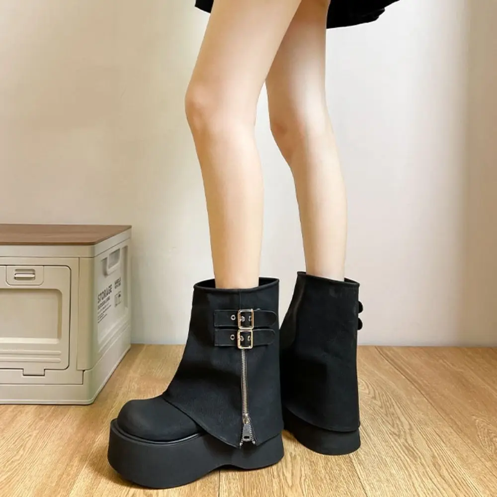 

Trendy New Design Women Biker Boots Belt Buckle Y2K Punk Women's Knee High Booties Platform Casual Mid Pipe Booties Girls