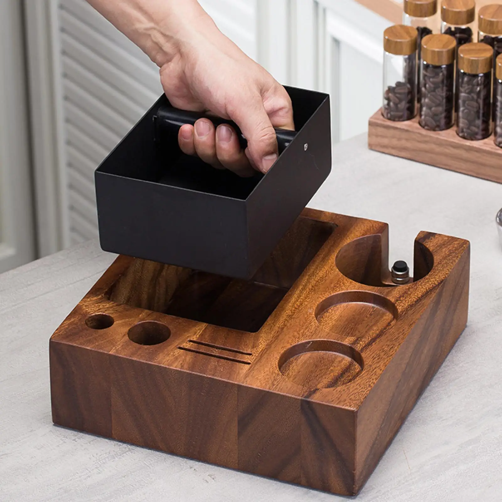 Espresso Knock Box Tamper Station Distributor Stand, Coffee Tamper Holder Tamper Base for Shop Kitchen Cafe Counter