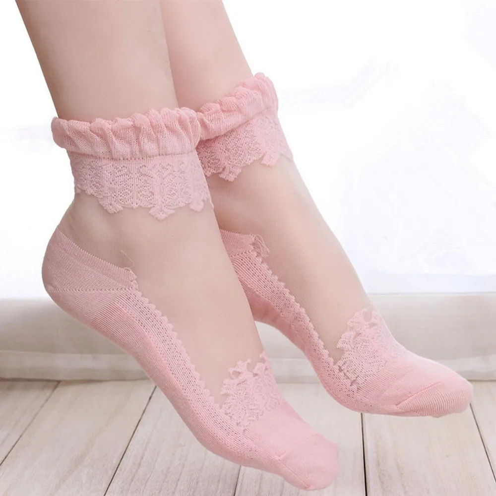 Fashion Thin Transparent Sock Women Breathable Summer Socks Girls Lace Flower Crystal Silk Sock Sexy Elastic Short Tulle Socks