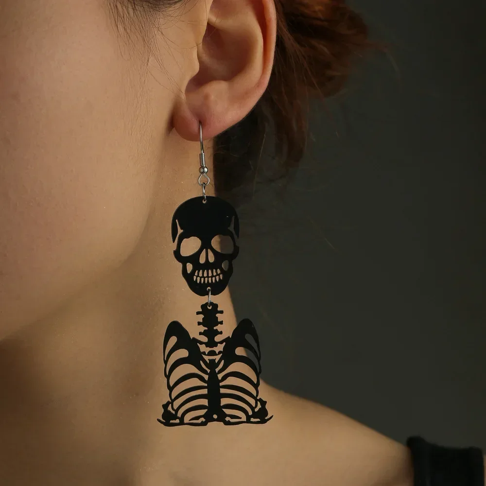 Vintage Acrylic Skull Dangle Earrings Black Human Bone Drop Earrings for Women Halloween Party Prom Jewelry Gift