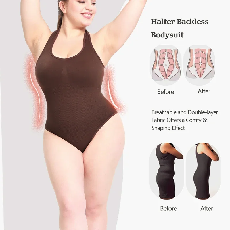 

Seamless Bodysuit Women Shapewear Tummy Control Halter Neck Tank Top Backless Body Shaper Thongs Underwear Slim Waist Trainer