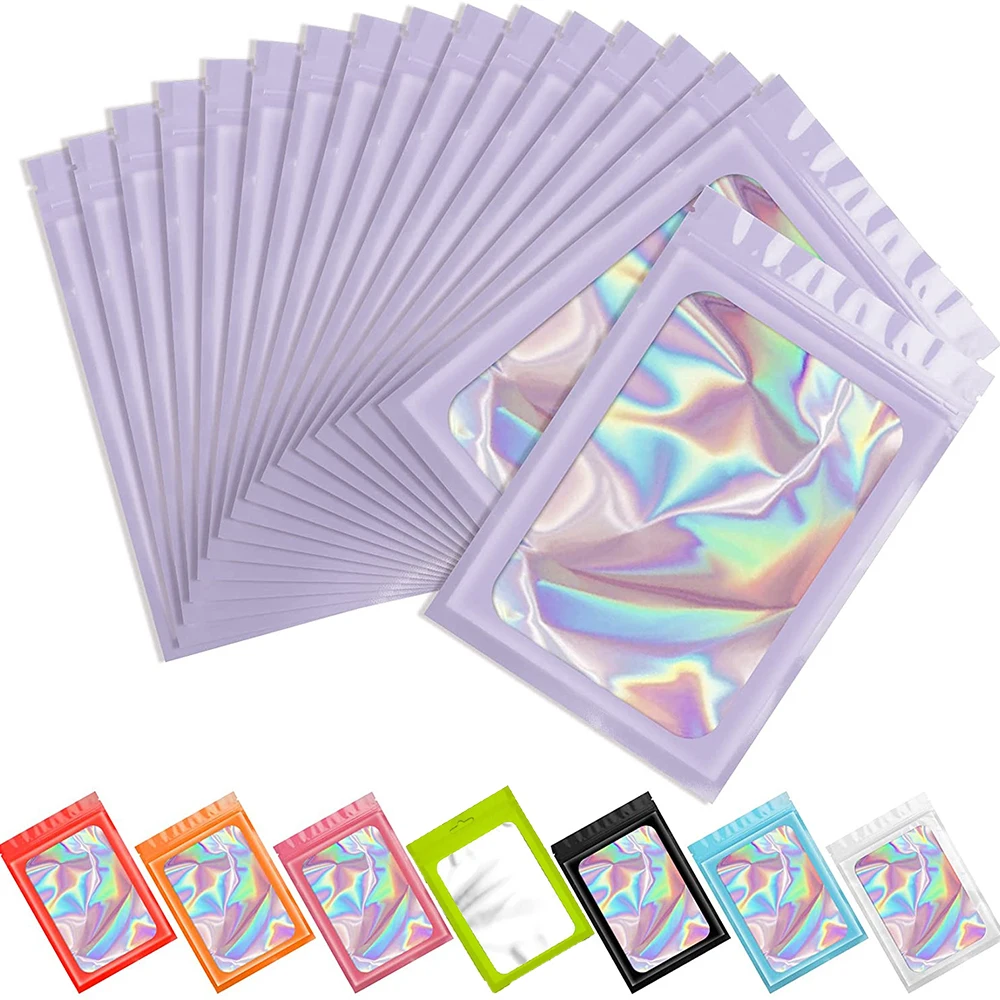 50 unids/lote de bolsas Ziplock gruesas, bolsa de plástico de Color láser holográfica para joyería DIY, bolsa de almacenamiento al por menor, bolsa con cierre de cremallera sin agujero