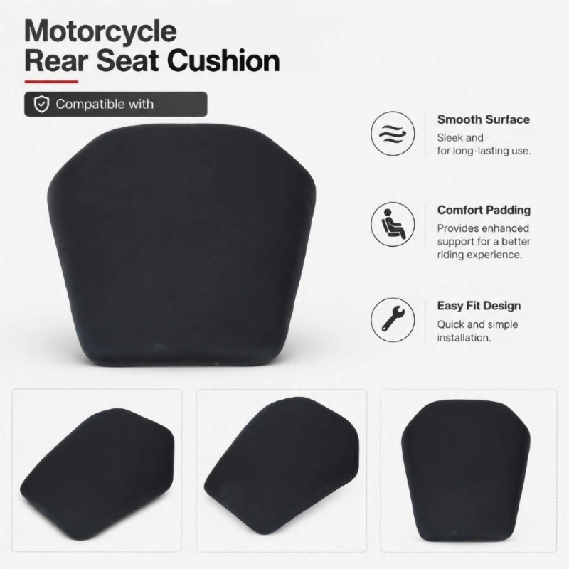 Motorcycle Rear Pad Replacement, Black PU Passenger Pad with Molded Mount Base and Fixed Attachment Points X37F