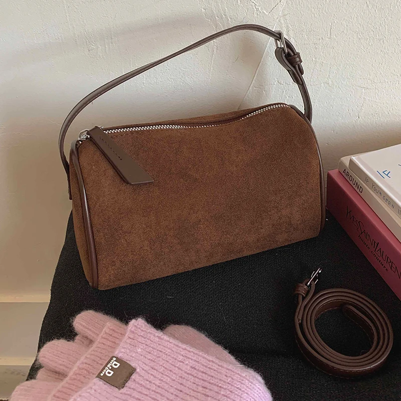 Trendy High-grade Suede Cylinder Bag Fashion Versatile Single Shoulder Bags Pure Colour Classical Crossbody Bag For Women