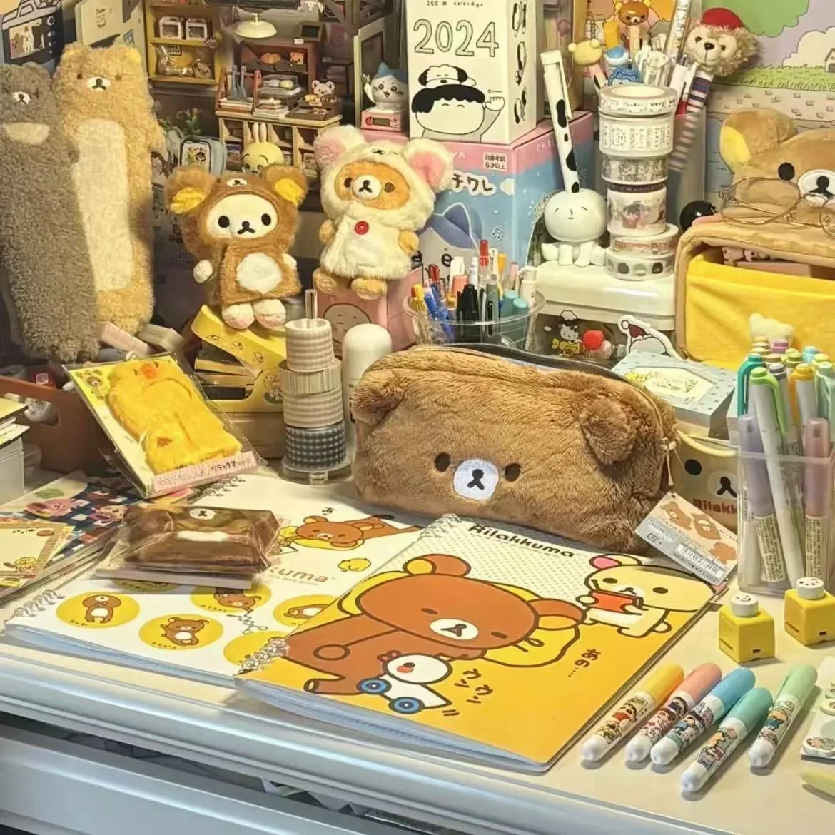 리락쿠마 플러시 귀여운 연필 케이스 애니메이션 릴렉스 베어 편지지 가방 어린이 학교 보관 펜 파우치 여행 화장품 가방 지갑 선물