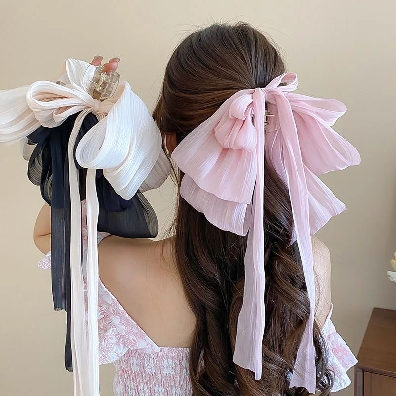New Bow Hair Claw Korean Fashion Multi Layer Ribbon Elegant Sweet Solid Color Shark Clip Women Girls Hair Accessory