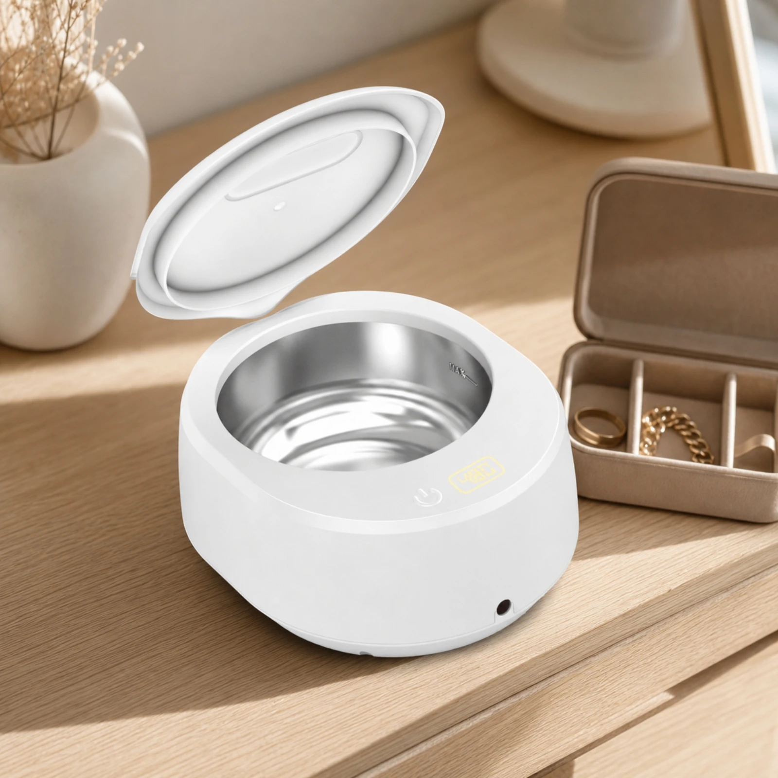 Jewelry Cleaner with Hinged Lid Compact Sonic Bath Cleaning Pod Single-Touch for Home, Travel