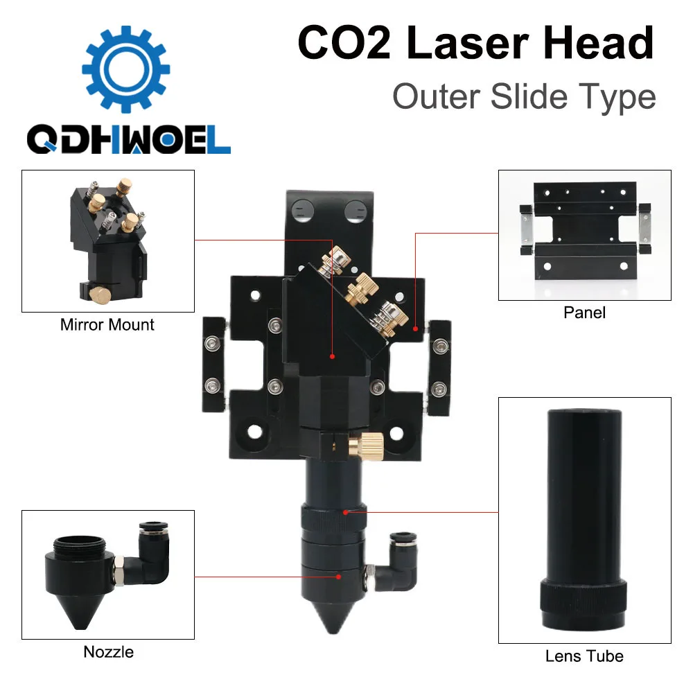 CO2 Laser Head for Dia.20mm FL 50.8/63.5mm Lens D25mm Mirror Outer Slider Type with Air Assist Nozzle