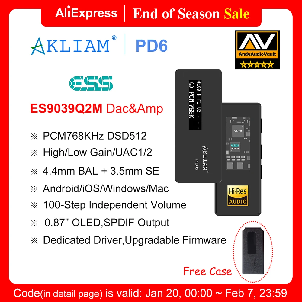 (Andy 5-Star) AkLIAM PD6 ES9039Q2M USB DAC OLED Display Hifi Portable Dac & Amp 3.5mm 4.4mm Headphone Amplifier PCM768KHz DSD512