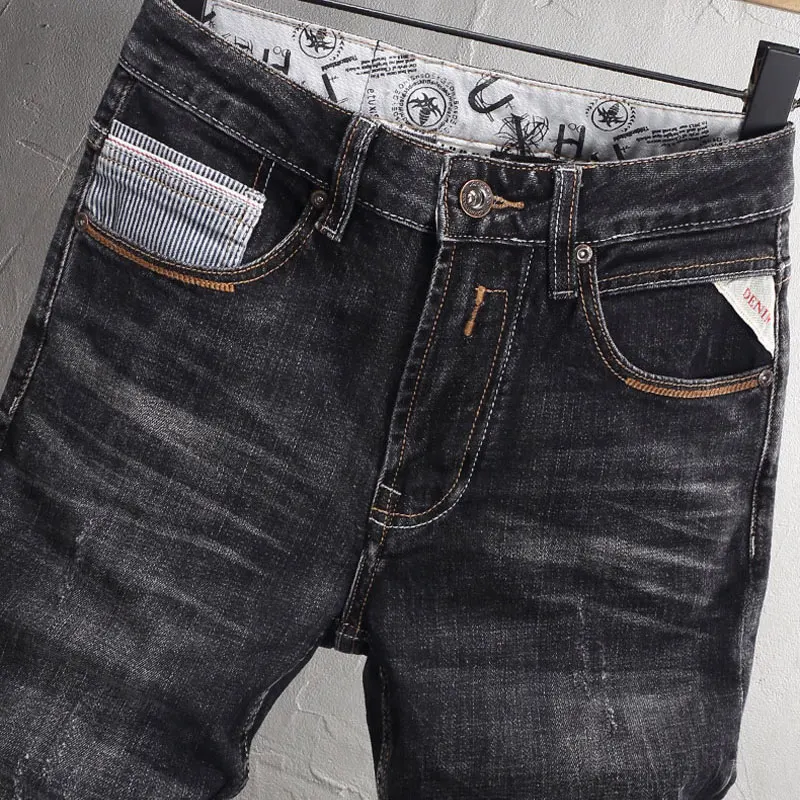 Fashionable Street Men's Black Grey Jeans Vintage Elastic Slim Fit Split Jeans with Large Pockets Designer Hip Hop Brand Pants