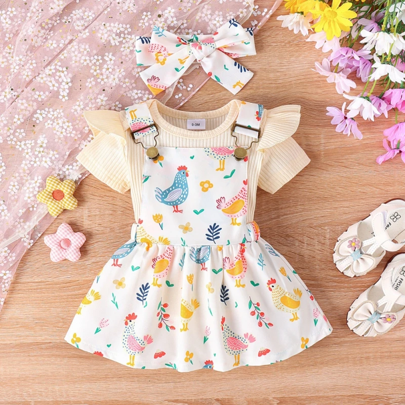 

3PCS Baby Girl Clothes Set Newborn Cute Outfit Short Sleeve Romper Top + Floral Print Suspender Skirt + Headband 0-12 Months D2L