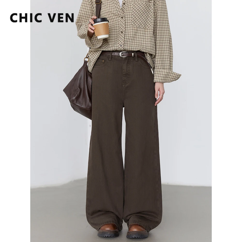 

CHIC VEN Women Pants Fashion Korean Casual High Waist Straight Wide Leg Jeans Female Coffee Cotton Trousers Spring Autumn 2025
