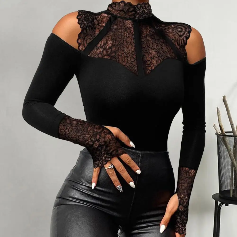 Women Slim Fit Top Stylish Woman Sexy Blouse Collection Mock Neck Square Collar Slim Fit Tee Shirt With Lace Stitching Beads