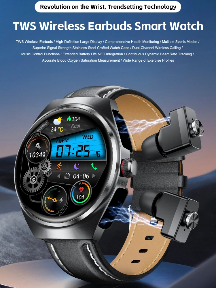 

Наушники SmartWatch 2-в-1, NFC, вызов, музыки, монитор здоровья, фитнес-трекер, водонепроницаемые умные часы для мужчин и женщин для Android IOS