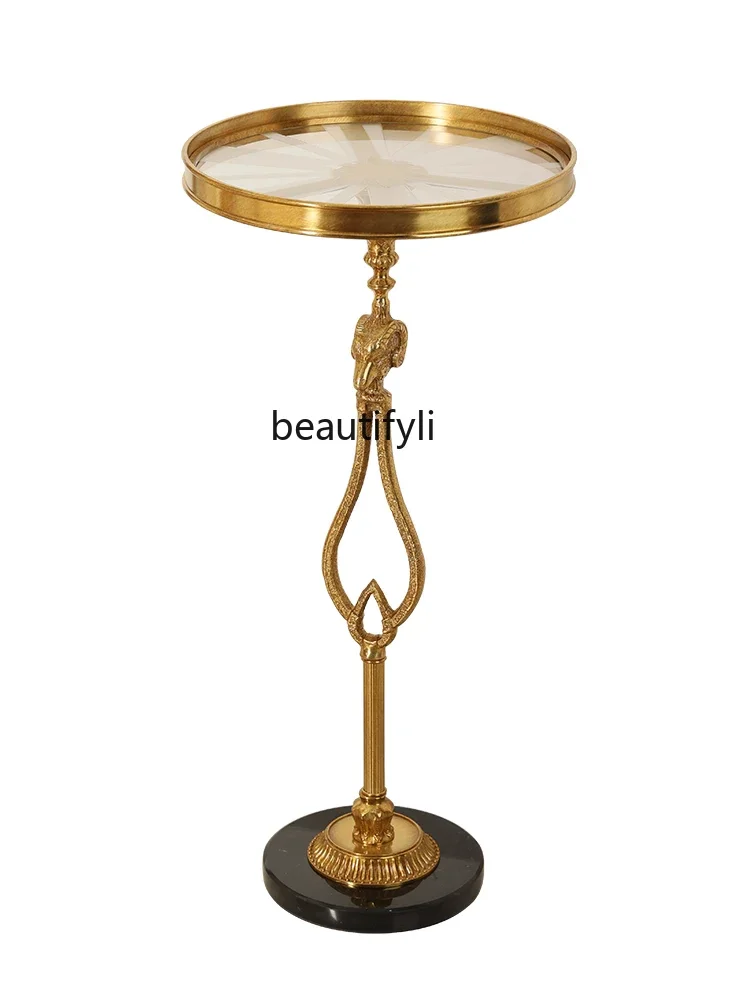 French retro light luxury all-copper sheep's head leisure balcony small round table art glass edge table