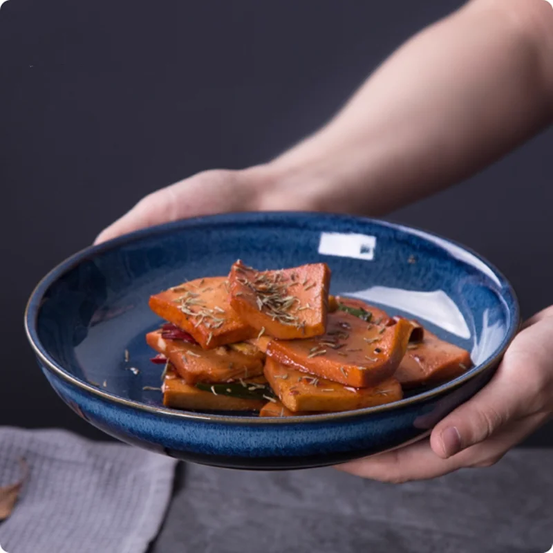 Retro Kiln Turned Blue Ceramic Plates, Round Soup Plates, Household Utensils, Snacks, Cake Racks, Fruit Plates, Kitchenware