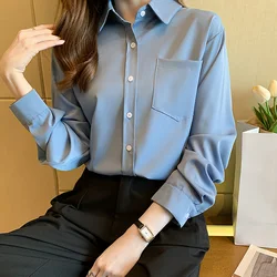 Women Spring Simplicity Office Lady Solid Color Polo-Neck Long Sleeve Shirts Ladies Casual All-match Appear Thin Pocket Tops