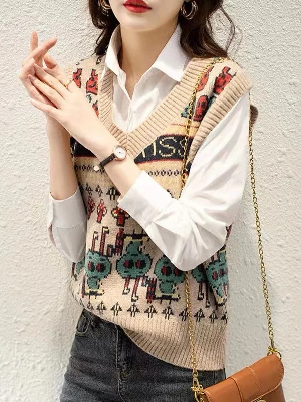 Warm Knitted Sweater Vest Women's Fashion Outerwear V-neck Regular Length No-button Other Material Composition Autumn Season