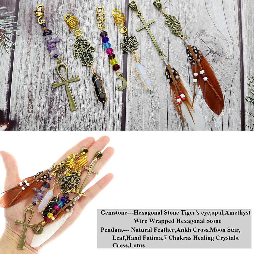 Stone Beads Crystal Feather Cross Pendant Hair Dreadlock Accessories Women Spiral Hairpin Headwear Dangle Dirty Braid Jewelry