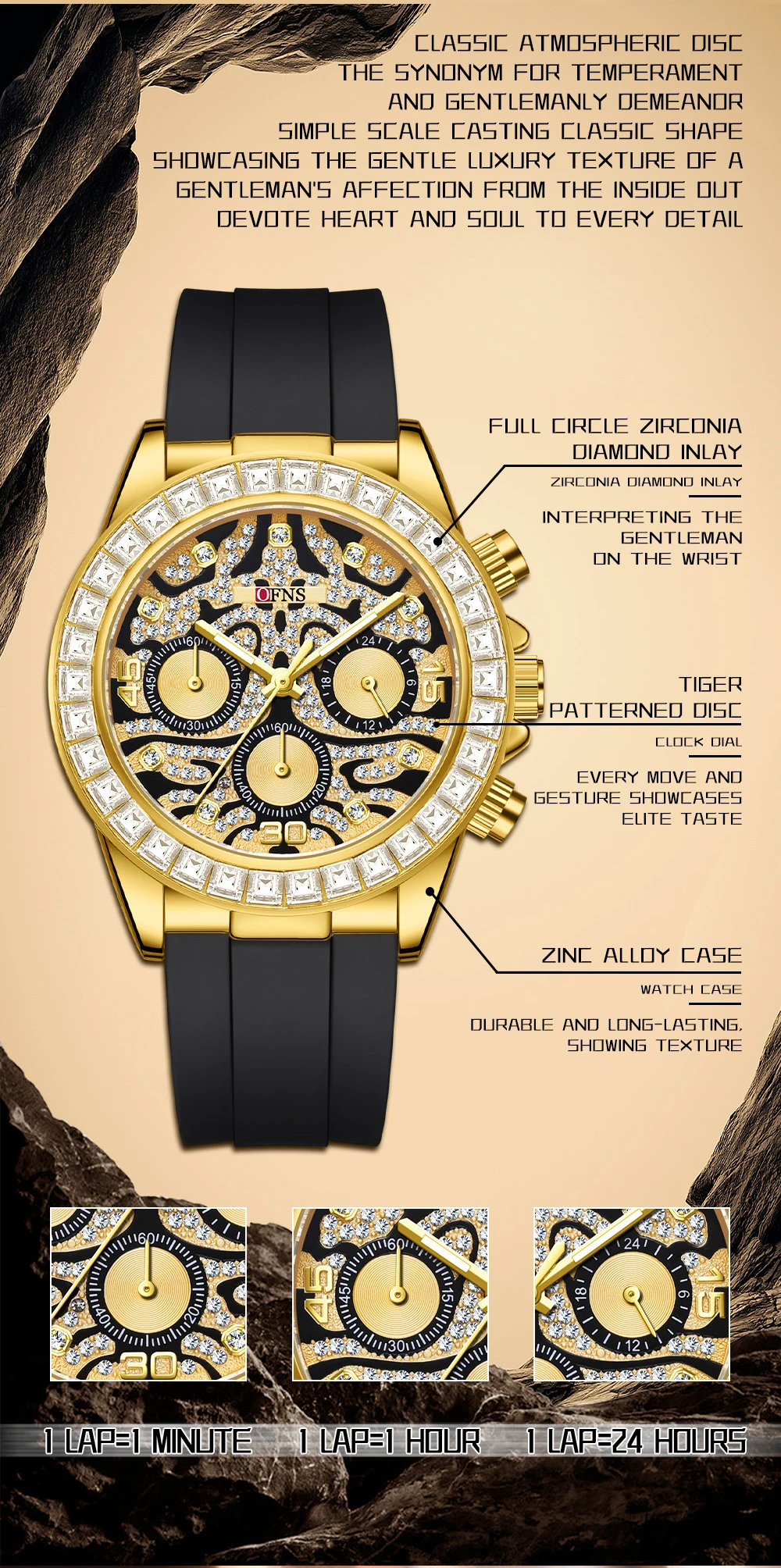 OFNS 7111 رجال الأعمال ثلاثة العين ستة دبوس ساعة كوارتز النمر نمط مقاوم للماء ليلة ضوء الاتجاه ساعة كوارتز رجالية 2025