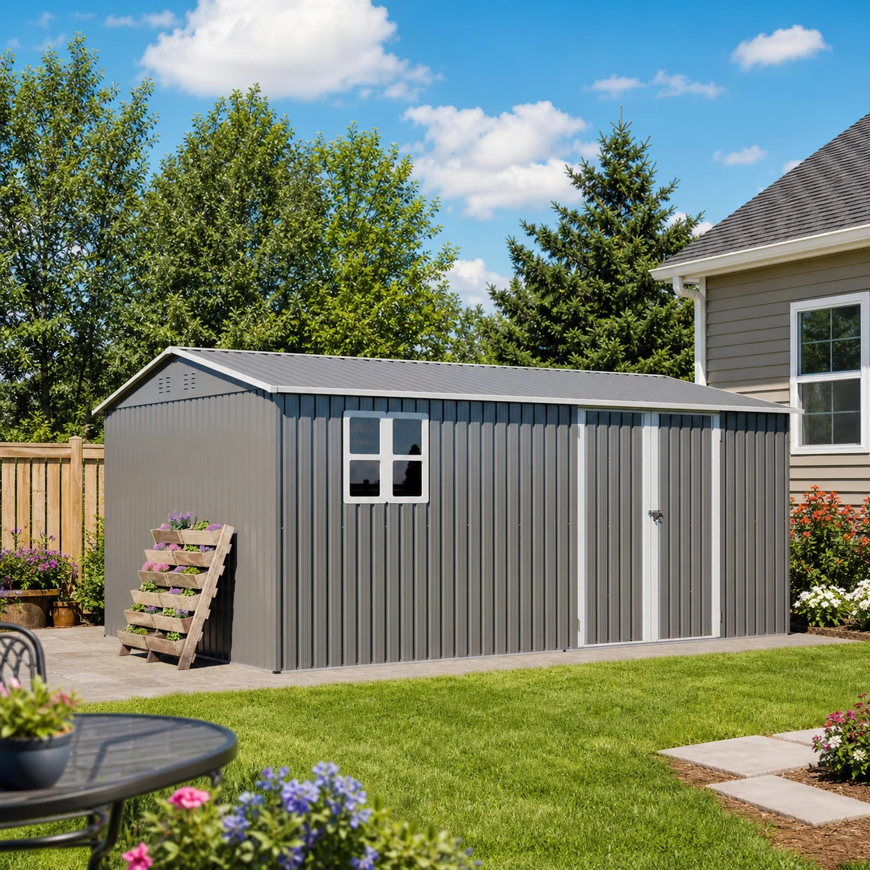 14 X 10 FT Galvanized Steel Outdoor Storage Shed Large Capacity Backyard Tool House with Elevated Foundation Frame Window Air Vents Anti Rust Weatherproof