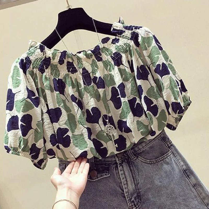 Sweet Slash Neck Loose Printed Ruffles Shirring T-Shirt Female Clothing 2023 Summer New Casual Pullovers Office Lady Tee Shirt