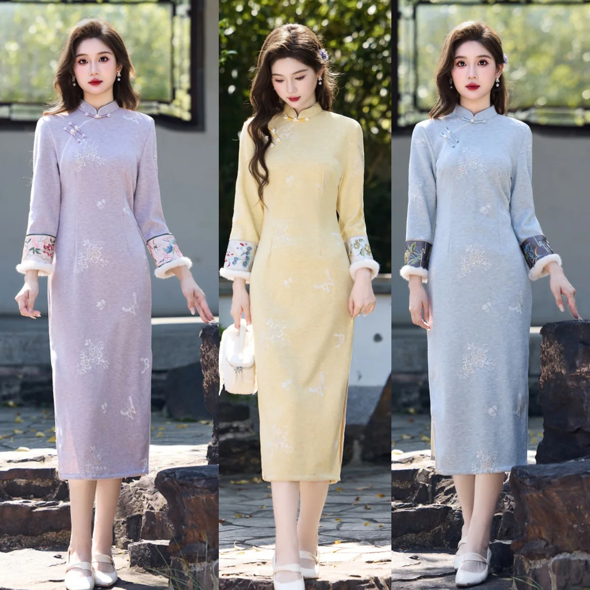 

Нежное платье Cheongsam для молодой девушки, новинка 2025, осень/зима, желтое новое платье в китайском стиле Qipao