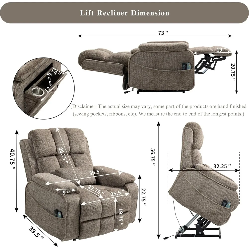 Recliner Chairs for Elderly-Infinite Position Lay Flat Recliner with Heat & Massage Side Storage Cup Holder USB Type C Charging