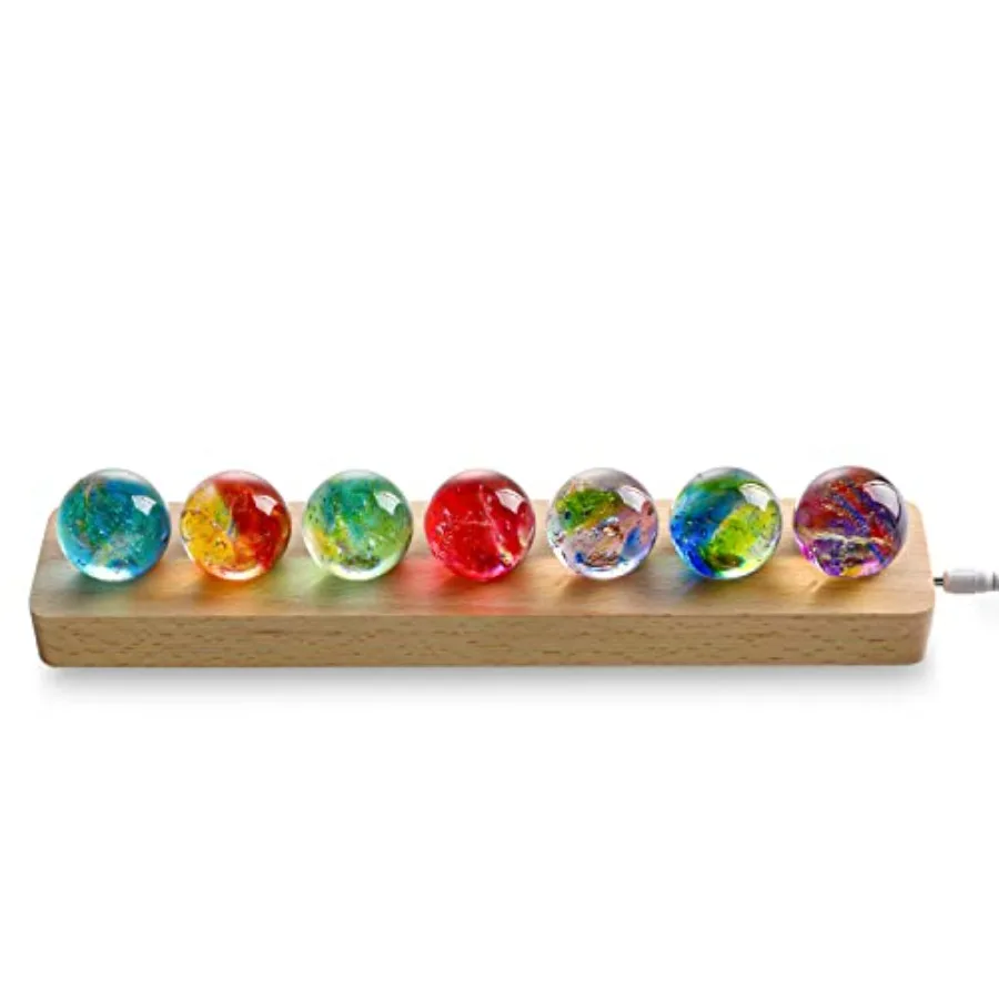 7 Chakra Natural Healing Spheres with LED Wooden Stand 40mm Crystal Quartz Stones for Meditation Positive Energy Night Light De